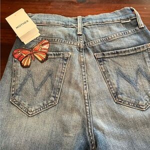 MOTHER High-Rise Light Blue Denim Jeans with Embroidered Multicolor Butterfly